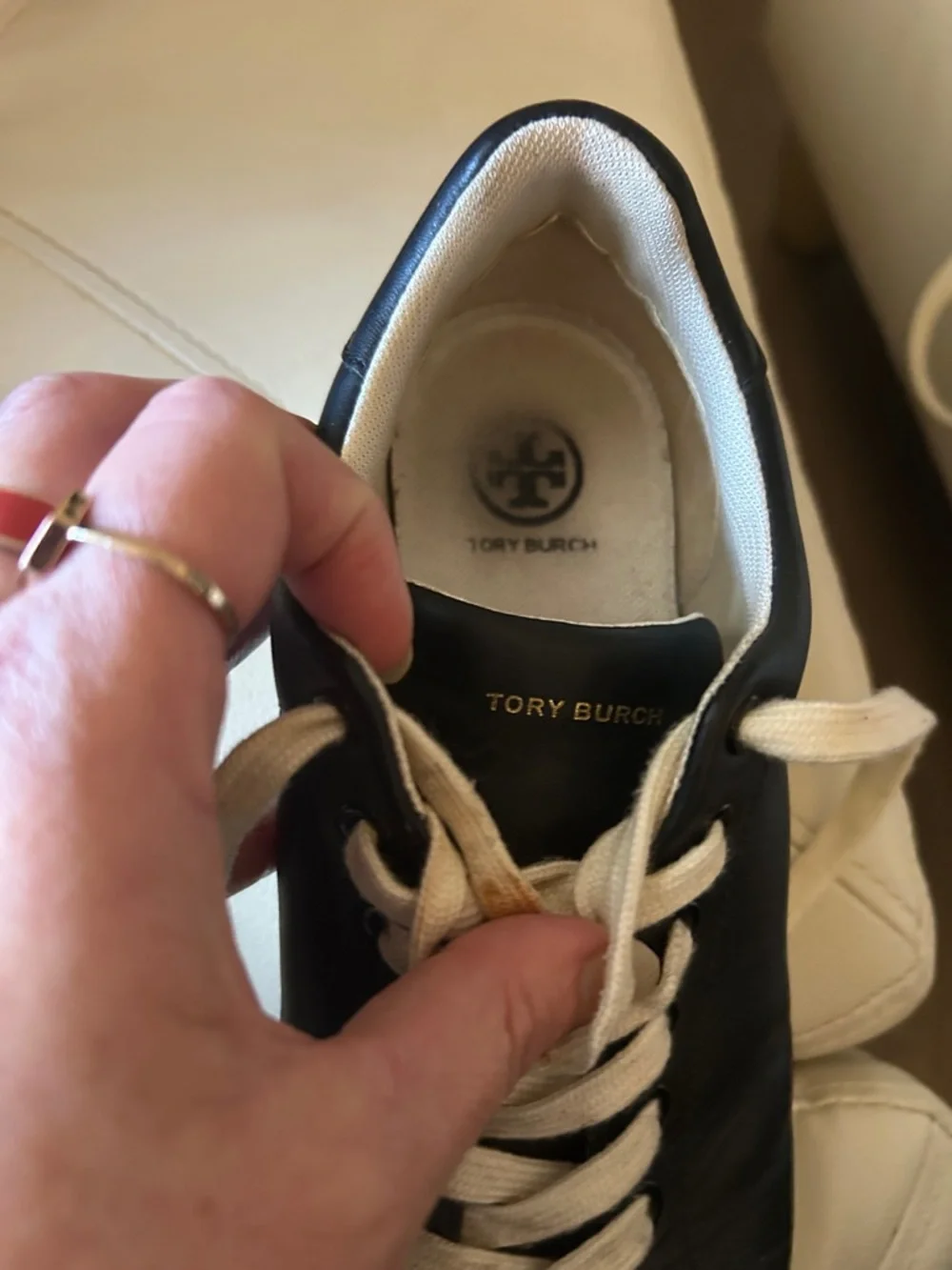 Tory Burch Black Leather Low-Top Sneakers with Cream Accents, Size 8, EUC